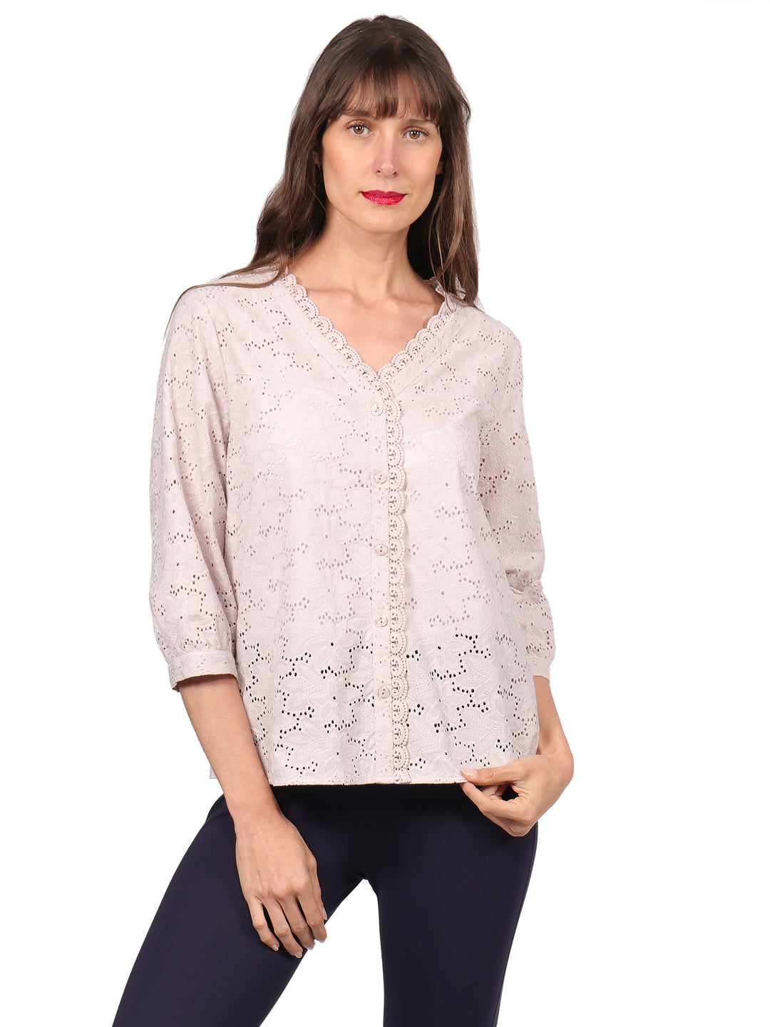 Blusa Cuello V , Manga 3/4, Bordado