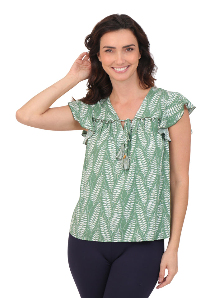 Blusa cuello V Manga Olán, con Amarre, Estampada