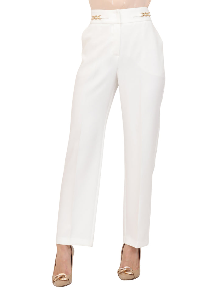 Pantalón Recto, Liso con Aplicación en la cintura