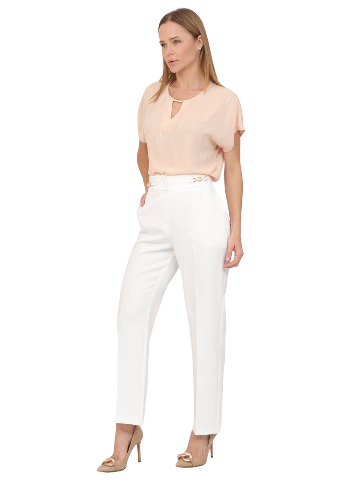 Pantalón Recto, Liso con Aplicación en la cintura