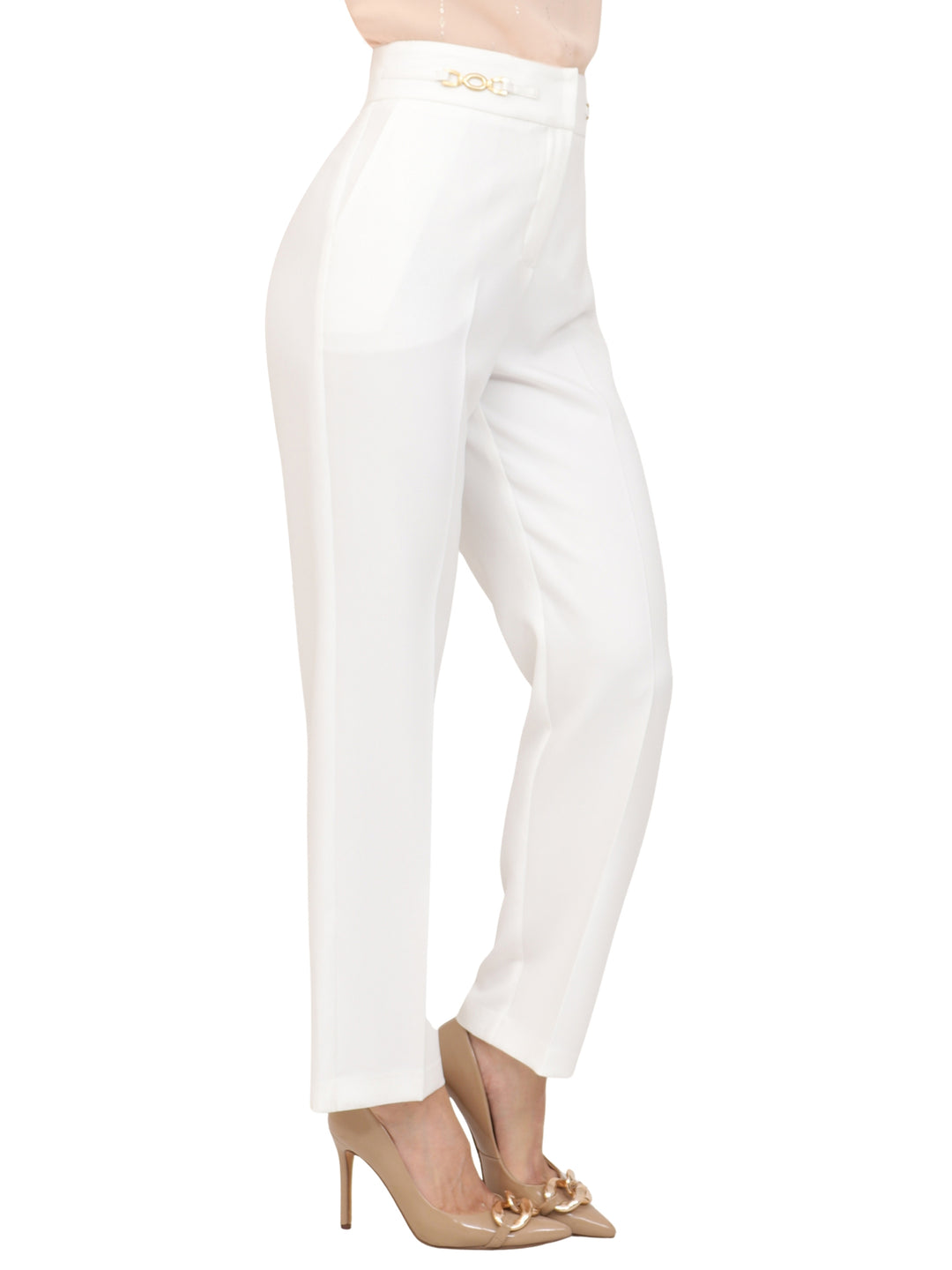 Pantalón Recto, Liso con Aplicación en la cintura