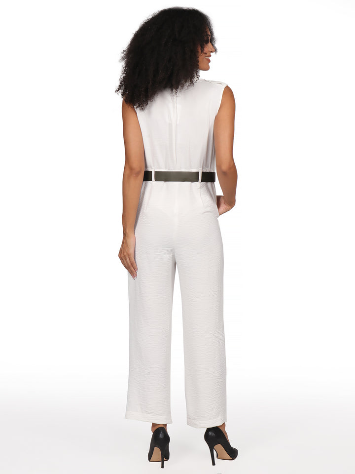 Jumpsuit, Cuello Camisero,  Cinturon, Sin Manga , Liso