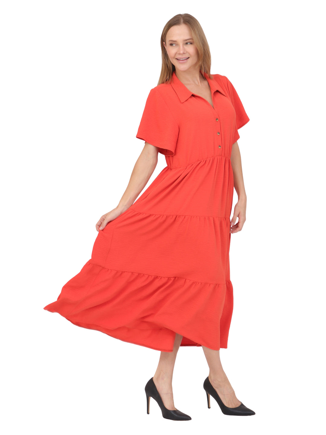 Vestido  Cuello Camisero, Manga Corta,Largo, Liso