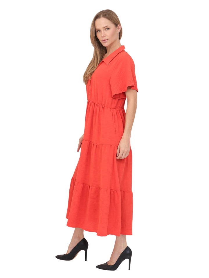 Vestido  Cuello Camisero, Manga Corta,Largo, Liso