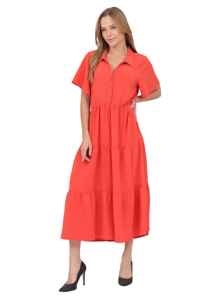 Vestido  Cuello Camisero, Manga Corta,Largo, Liso