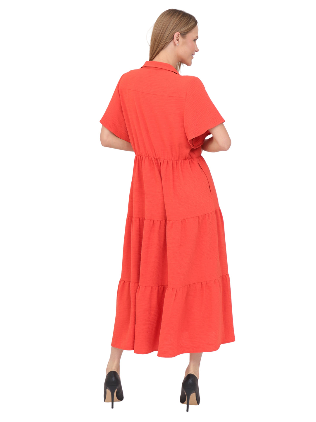 Vestido  Cuello Camisero, Manga Corta,Largo, Liso