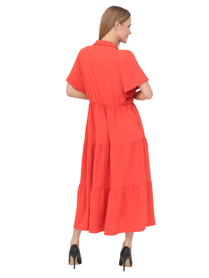 Vestido  Cuello Camisero, Manga Corta,Largo, Liso