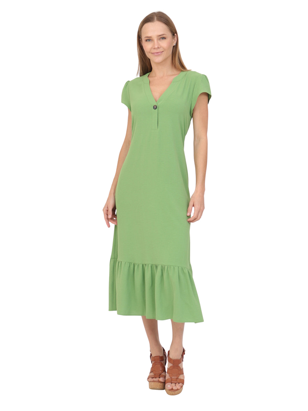 Vestido  Cuello V, Manga Olán,Largo, Liso