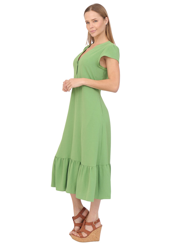 Vestido  Cuello V, Manga Olán,Largo, Liso