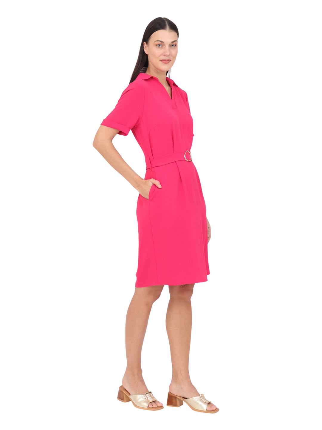 Vestido  Cuello Camisero, Manga Corta, Liso