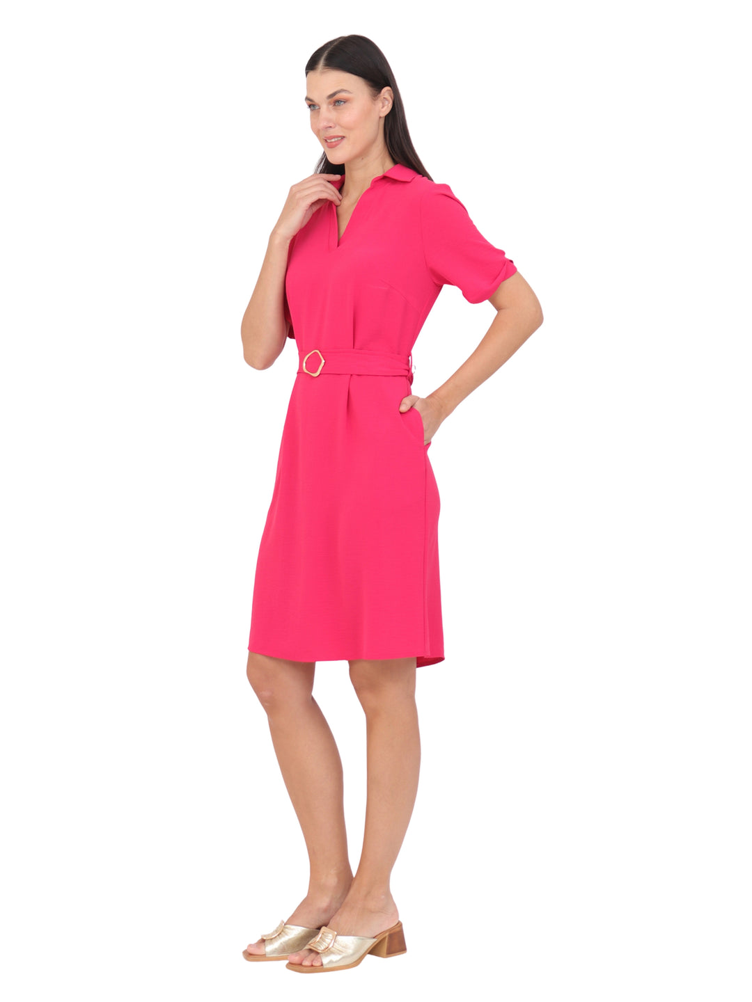 Vestido  Cuello Camisero, Manga Corta, Liso