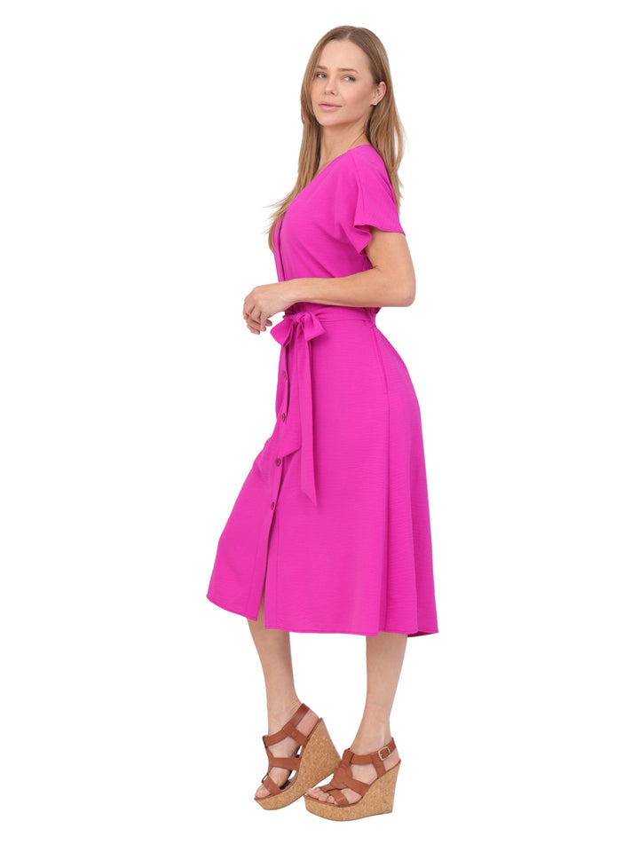 Vestido  Cuello V, Manga Corta, Liso, Botones al Frenrte