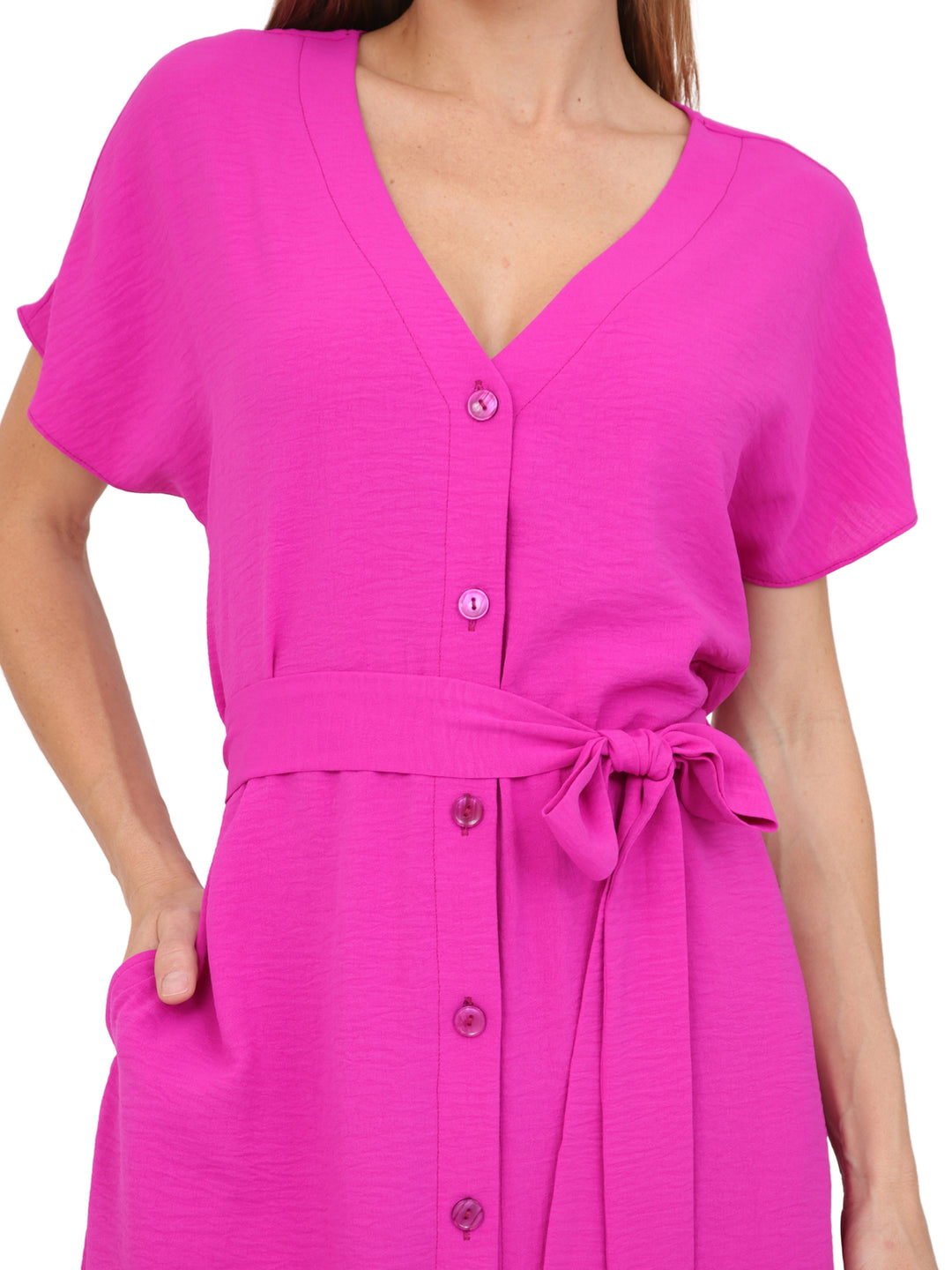 Vestido  Cuello V, Manga Corta, Liso, Botones al Frenrte