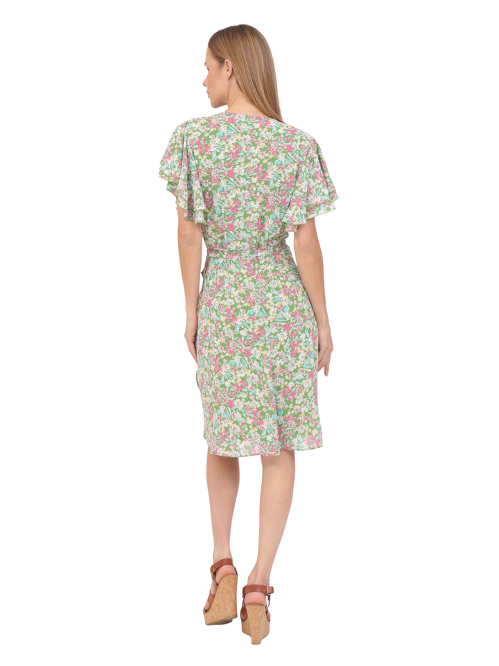 Vestido  Cuello V, Cruzado, Asimétrico, Con Amarre en la Cintura , Estampado