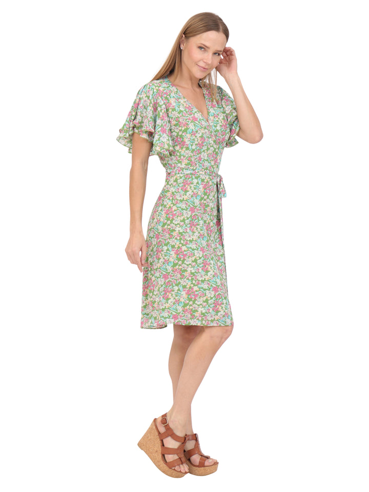 Vestido  Cuello V, Cruzado, Asimétrico, Con Amarre en la Cintura , Estampado