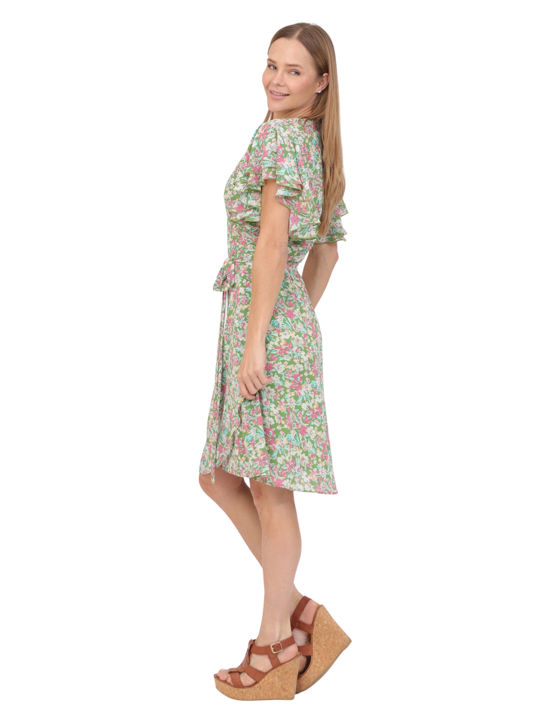 Vestido  Cuello V, Cruzado, Asimétrico, Con Amarre en la Cintura , Estampado