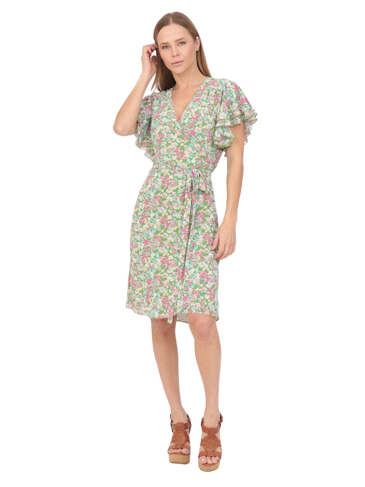 Vestido  Cuello V, Cruzado, Asimétrico, Con Amarre en la Cintura , Estampado