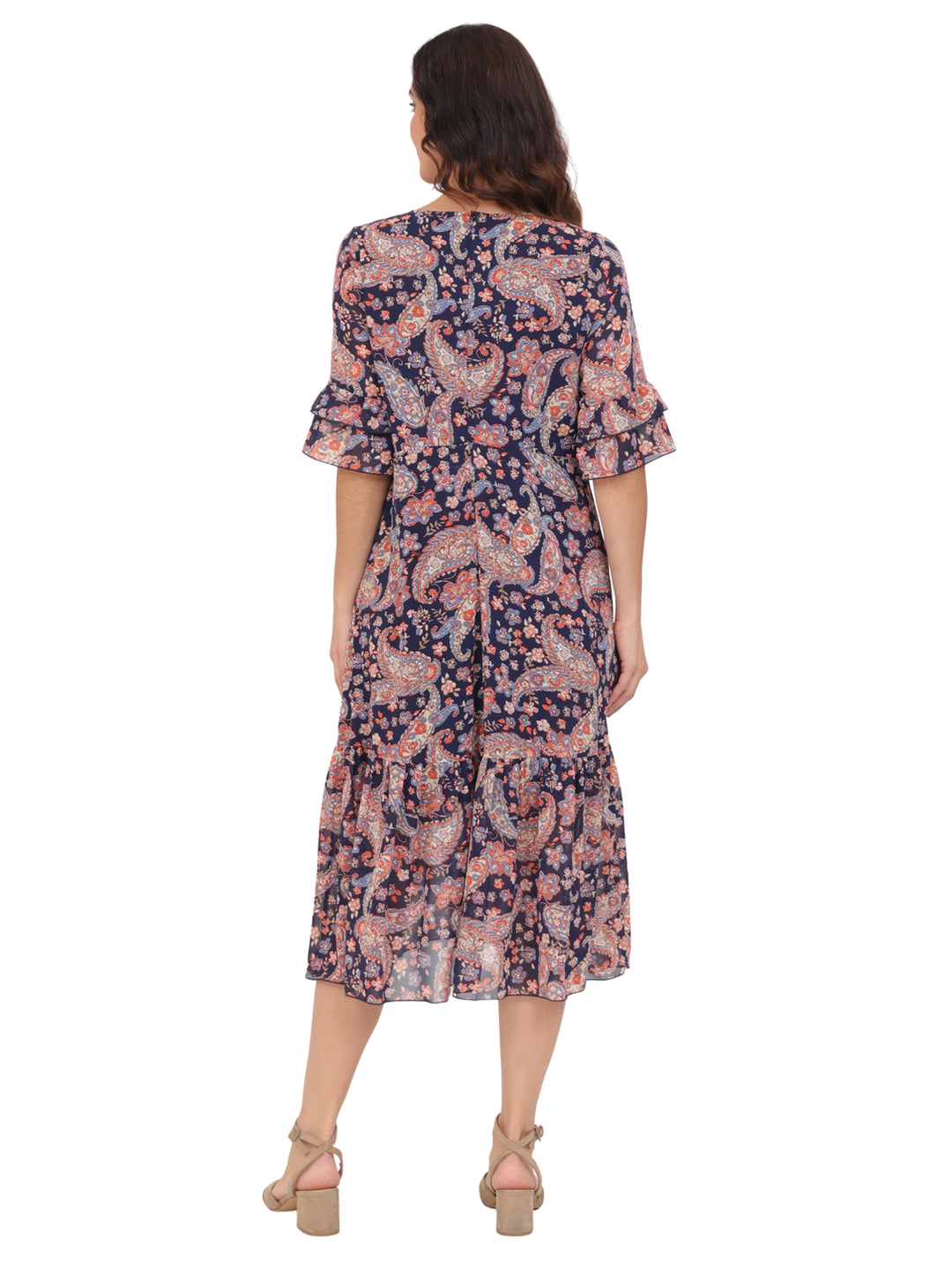 Vestido  Cuello V, Manga Corta con Olán, Largo, Estampado