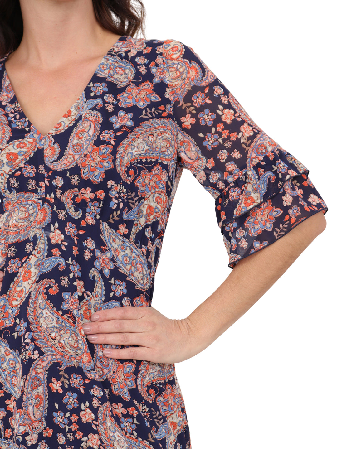 Vestido  Cuello V, Manga Corta con Olán, Largo, Estampado