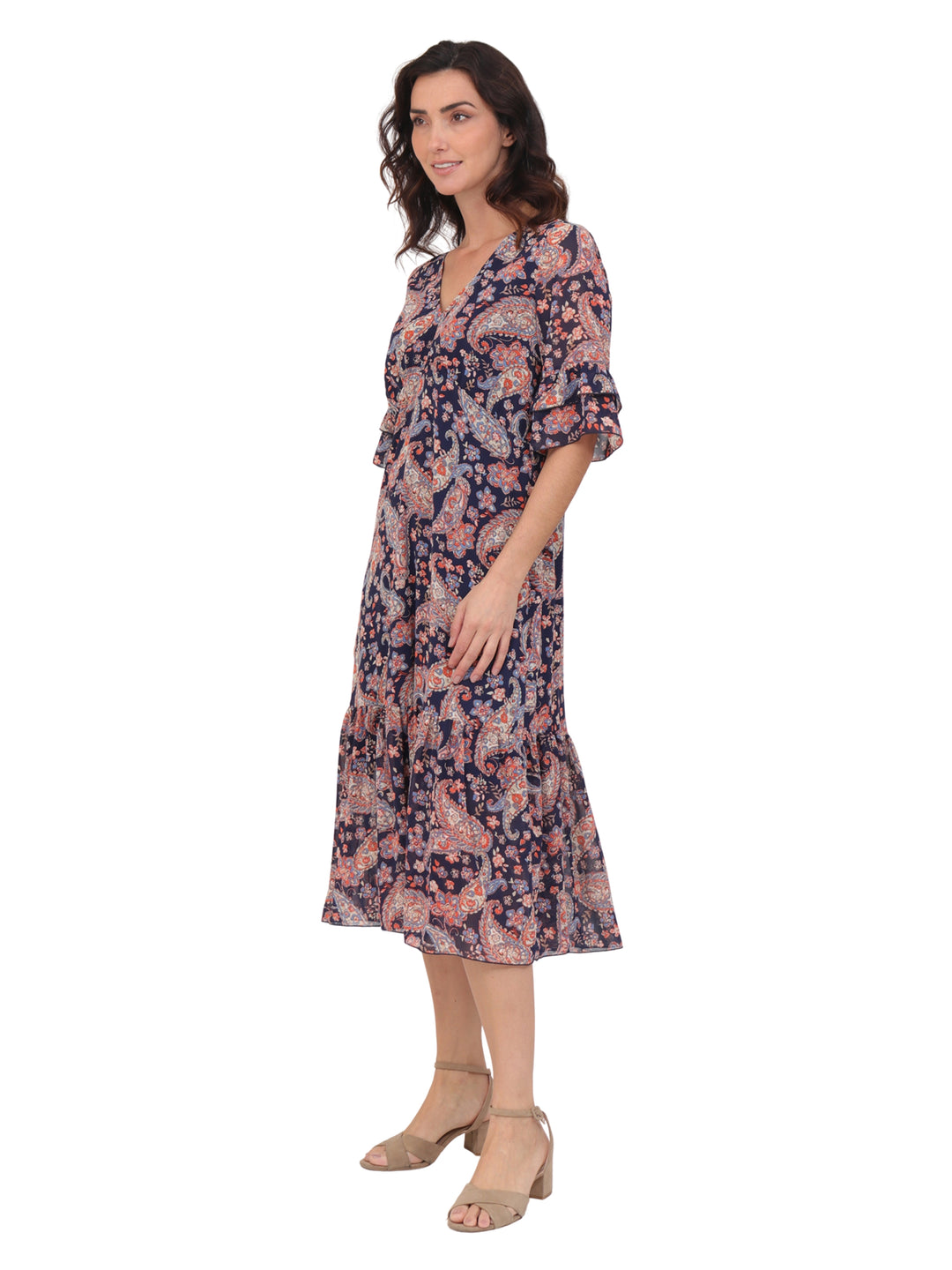 Vestido  Cuello V, Manga Corta con Olán, Largo, Estampado