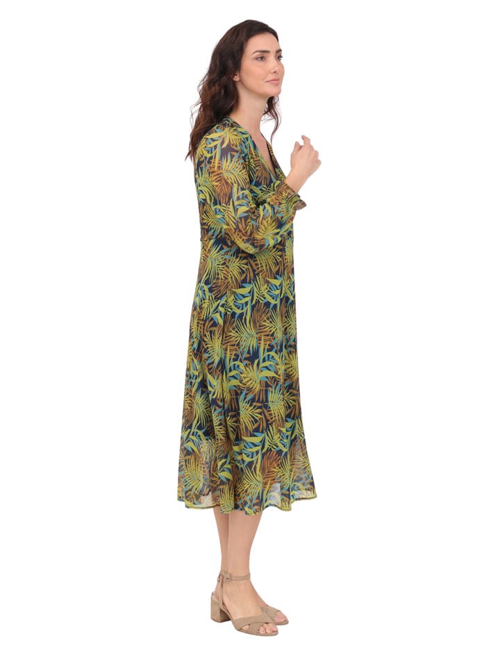 Vestido  Cuello V, Manga Larga con resorte, Largo, Estampado