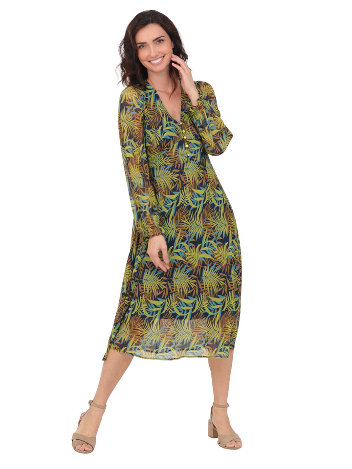 Vestido  Cuello V, Manga Larga con resorte, Largo, Estampado