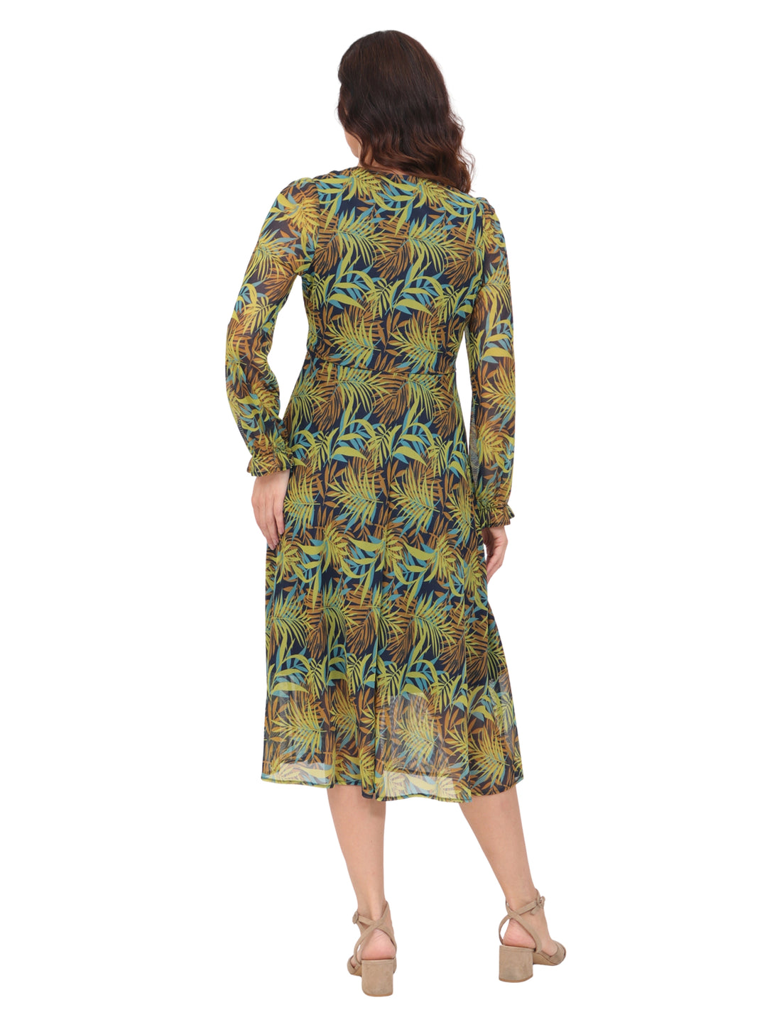 Vestido  Cuello V, Manga Larga con resorte, Largo, Estampado