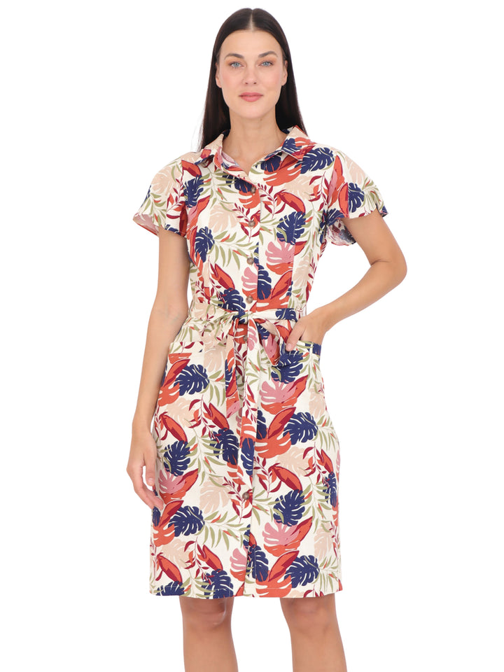 Vestido  Cuello Camisero, Manga Corta, Recto,Botones al Frente, Estampado