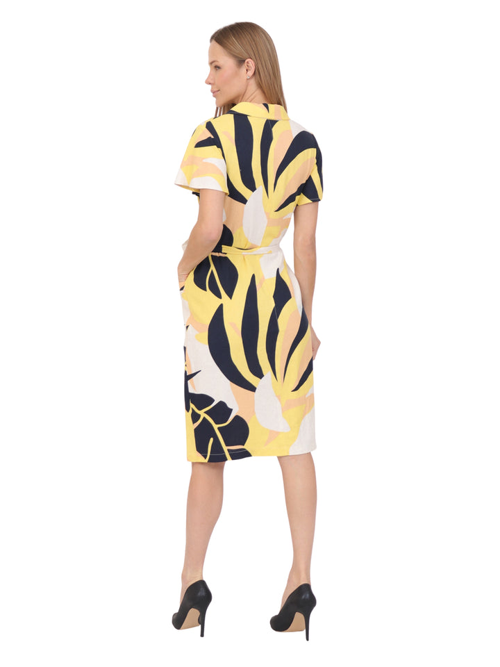 Vestido  Cuello  Camisero, Manga Olán , Botones al Frente , Estampado