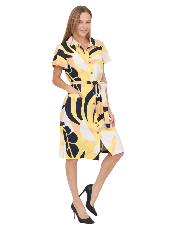 Vestido  Cuello  Camisero, Manga Olán , Botones al Frente , Estampado