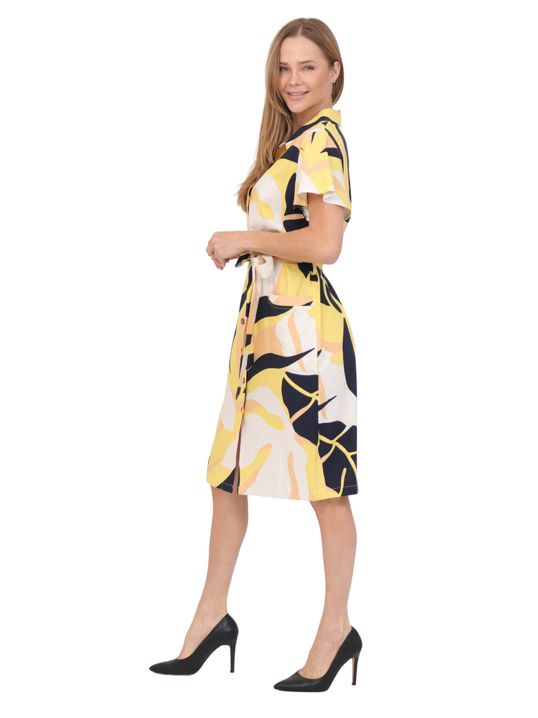 Vestido  Cuello  Camisero, Manga Olán , Botones al Frente , Estampado