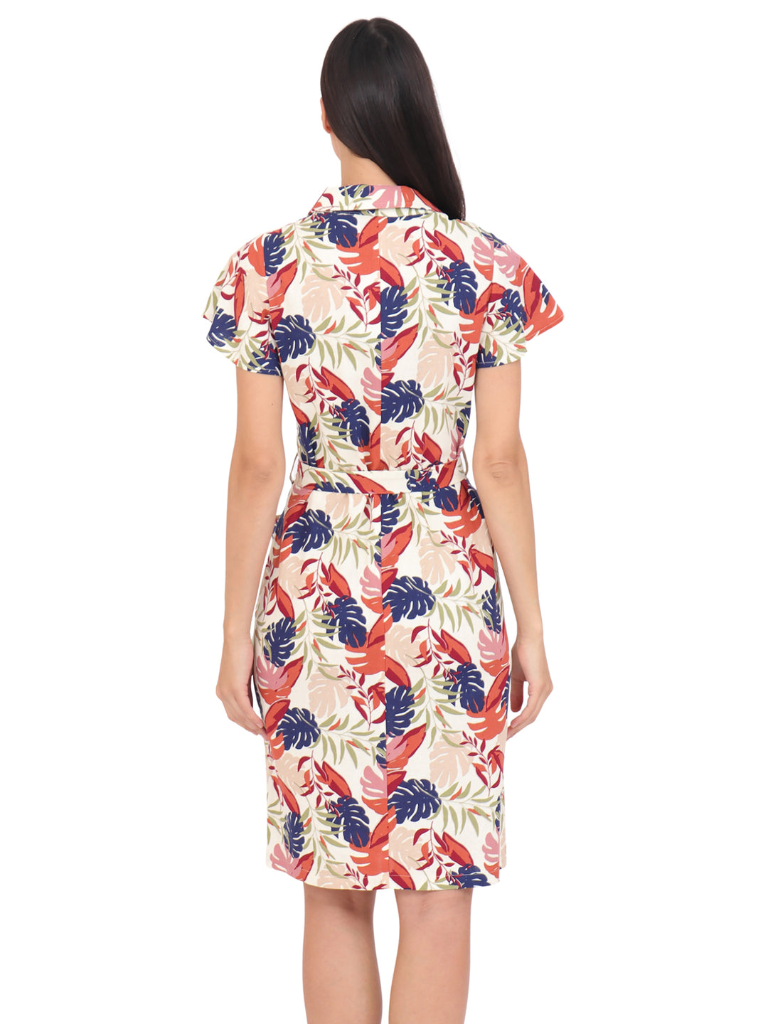 Vestido  Cuello Camisero, Manga Corta, Recto,Botones al Frente, Estampado