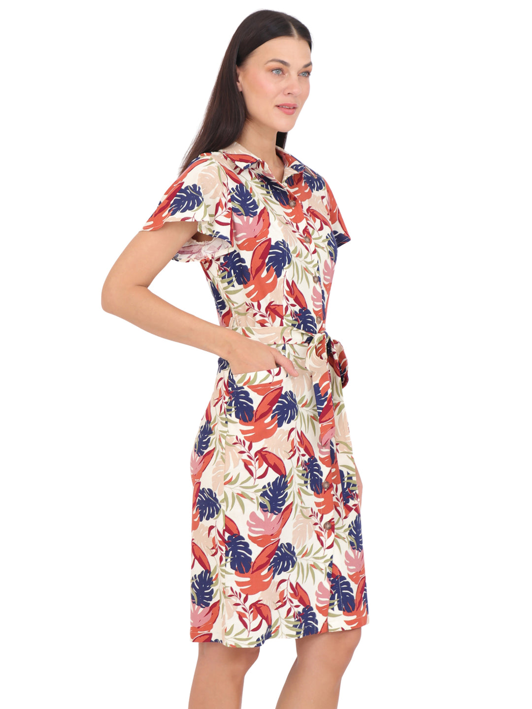 Vestido  Cuello Camisero, Manga Corta, Recto,Botones al Frente, Estampado