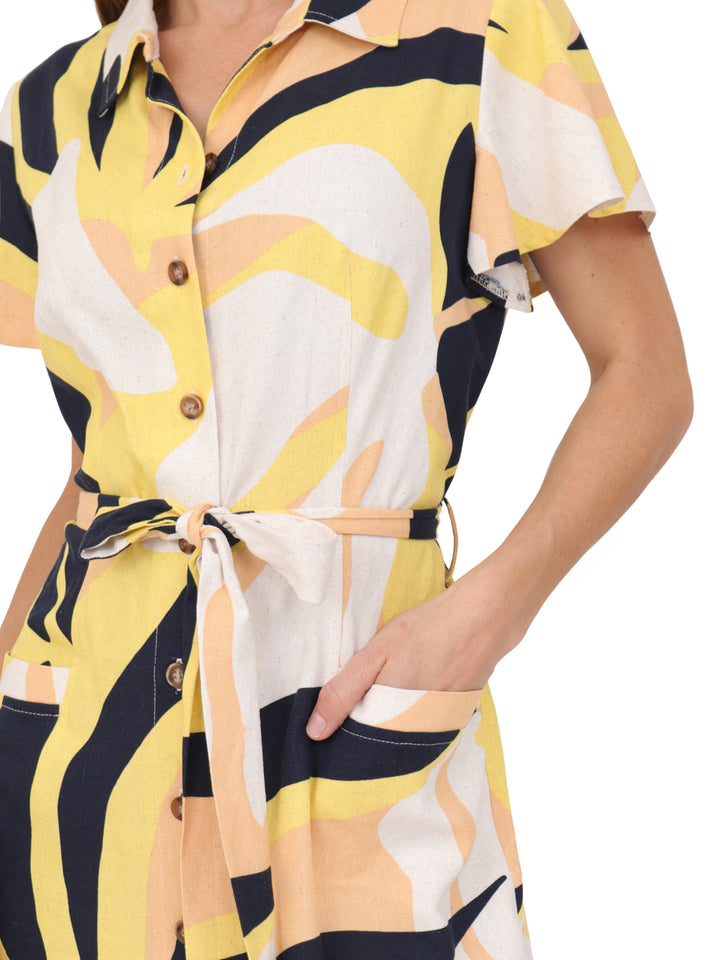 Vestido  Cuello  Camisero, Manga Olán , Botones al Frente , Estampado