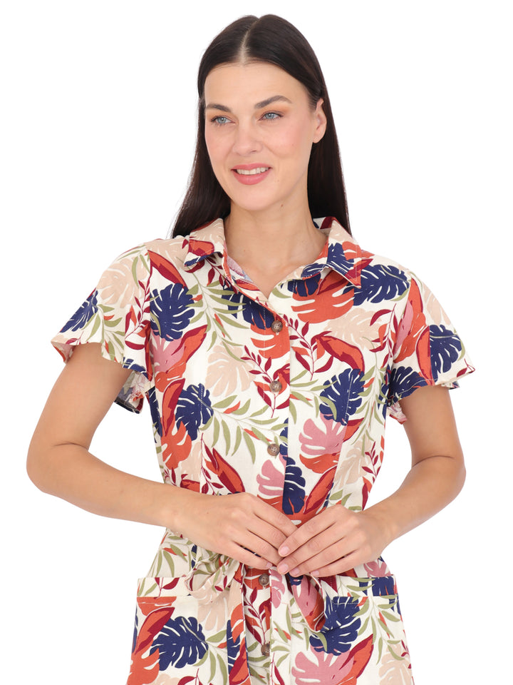 Vestido  Cuello Camisero, Manga Corta, Recto,Botones al Frente, Estampado