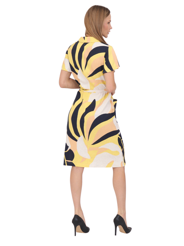 Vestido  Cuello  Camisero, Manga Olán , Botones al Frente , Estampado