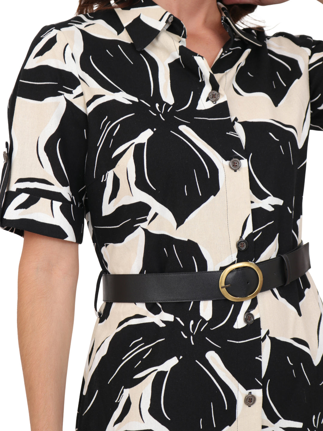 Vestido  Cuello Camisero, Manga Corta,Largo, Estampado