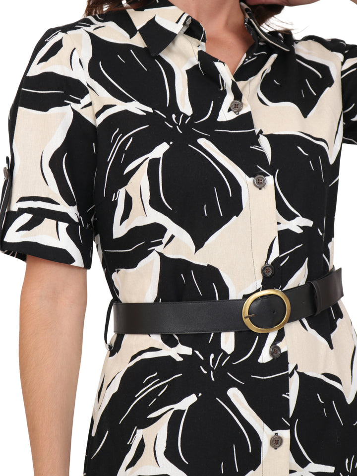 Vestido  Cuello Camisero, Manga Corta,Largo, Estampado