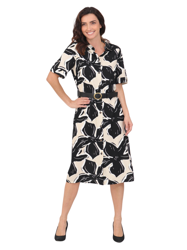 Vestido  Cuello Camisero, Manga Corta,Largo, Estampado