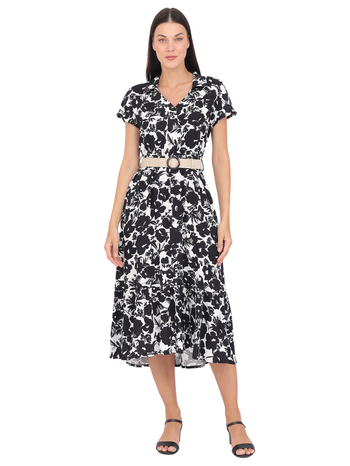 Vestido  Cuello V, Manga Corta,Largo, Estampado