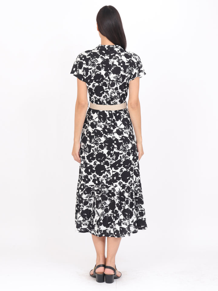 Vestido  Cuello V, Manga Corta,Largo, Estampado