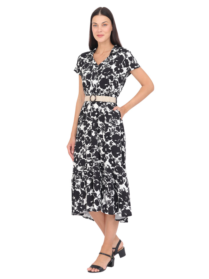 Vestido  Cuello V, Manga Corta,Largo, Estampado