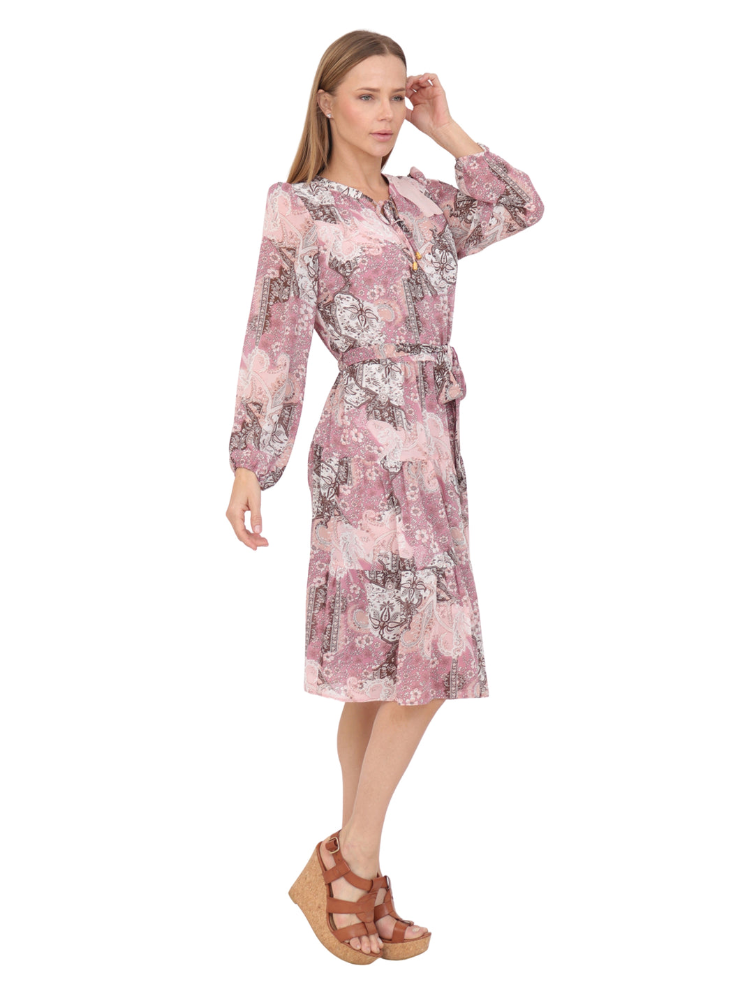 Vestido  Cuello Redondo con Amarre, Manga Larga, Estampado