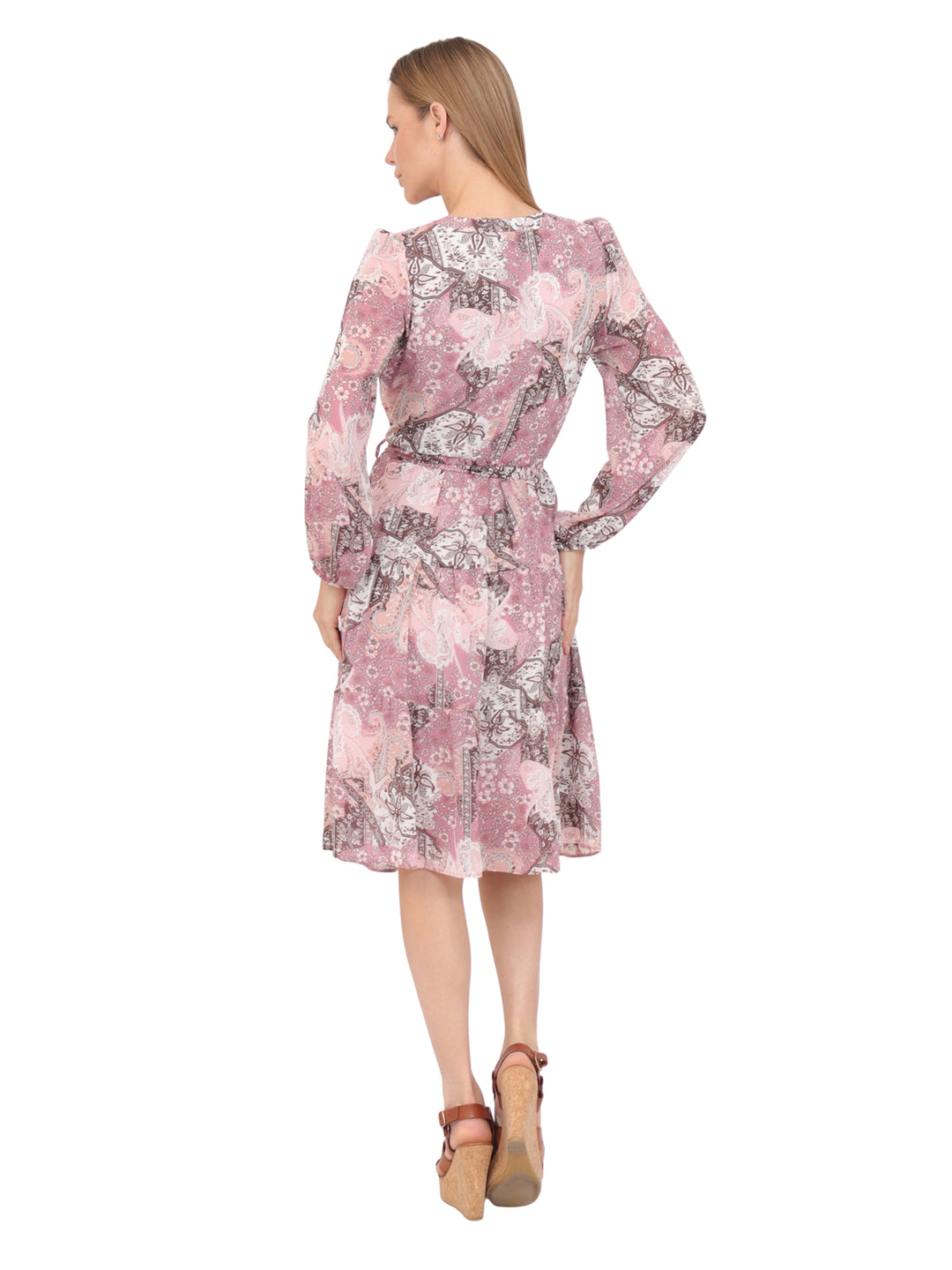 Vestido  Cuello Redondo con Amarre, Manga Larga, Estampado