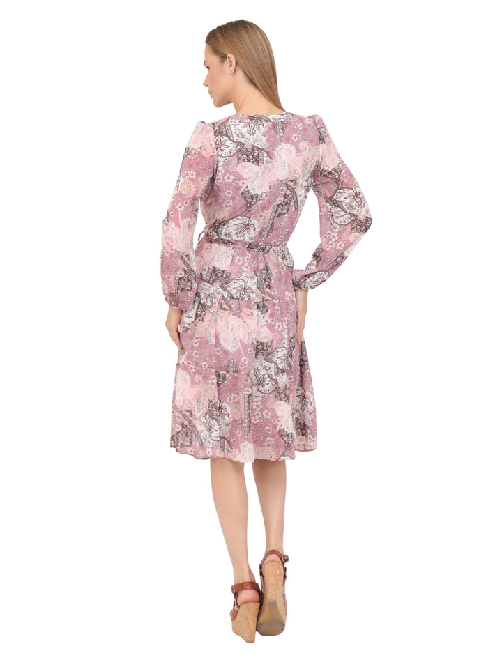 Vestido  Cuello Redondo con Amarre, Manga Larga, Estampado