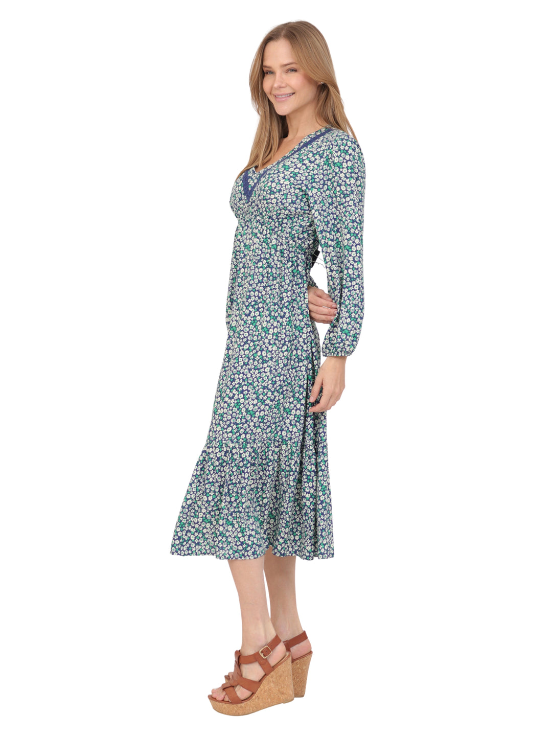 Vestido  Cuello V, Manga Larga,Largo,  Estampado