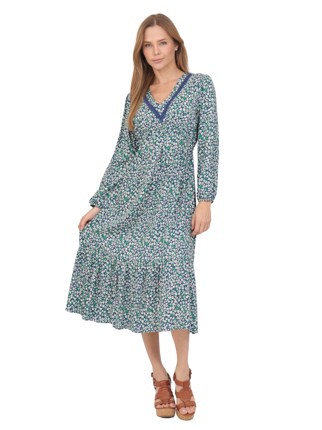 Vestido  Cuello V, Manga Larga,Largo,  Estampado