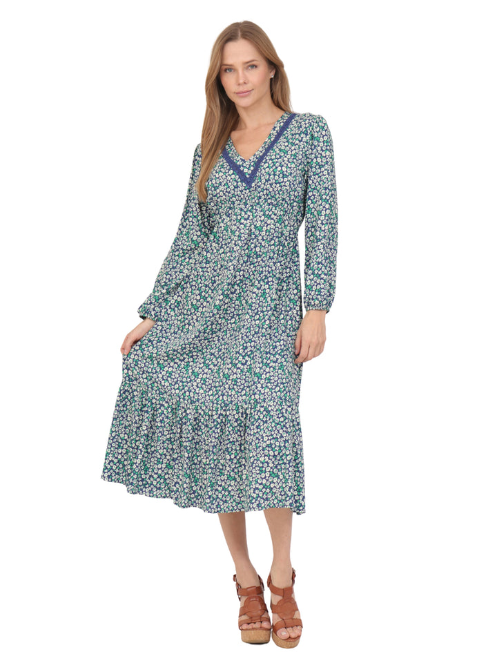 Vestido  Cuello V, Manga Larga,Largo,  Estampado