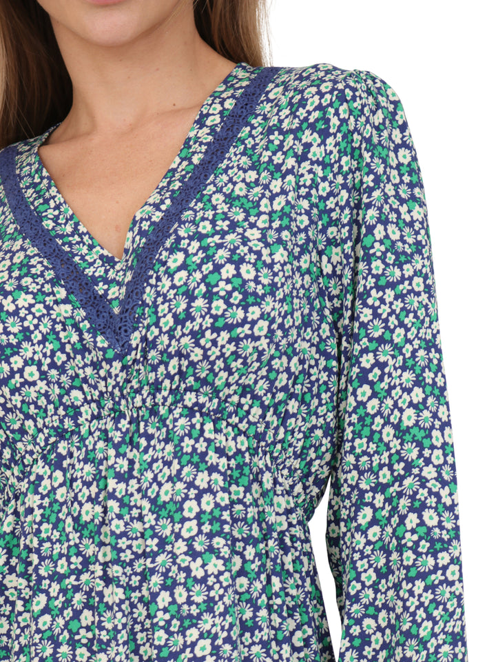 Vestido  Cuello V, Manga Larga,Largo,  Estampado