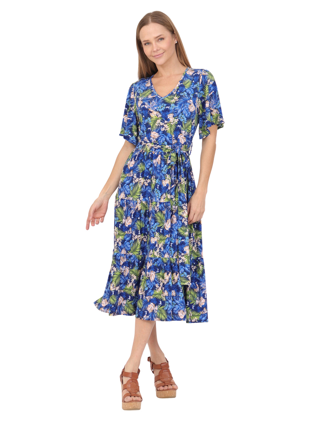 Vestido  Cuello V, Manga Olán, Largo,  Estampado